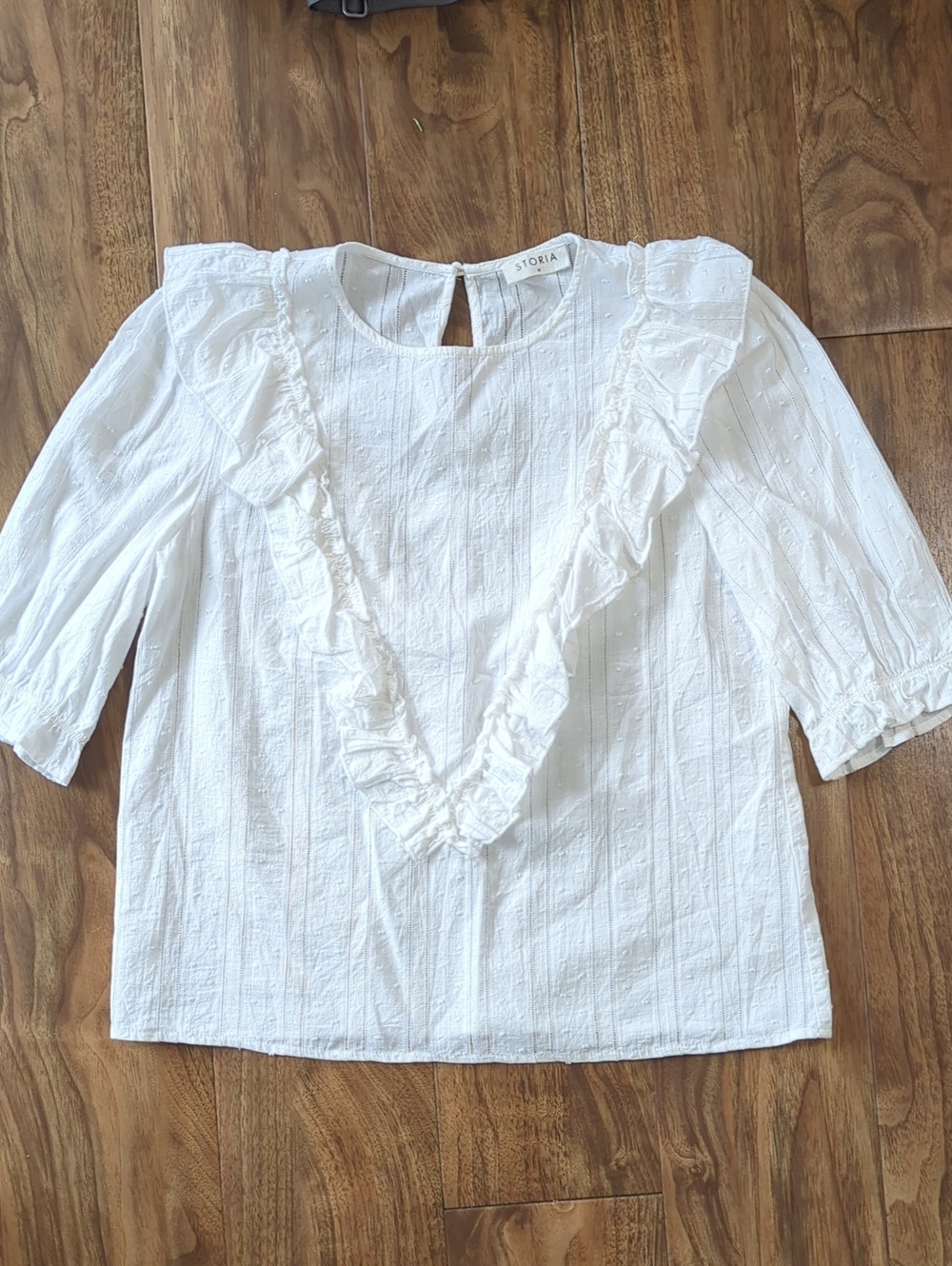 Storia White Swiss Dot Textured Stripe Ruffle Cotton Top
